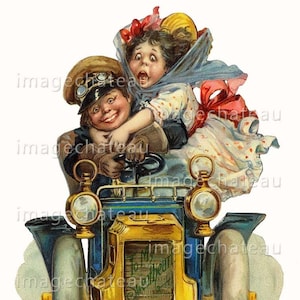 VALENTIJNSpaar DIGITALE DOWNLOAD Trouwen Jongen Meisje door Frances Brundage Oude auto snel rijden Afdrukbare ambachtafbeelding van imagechateau