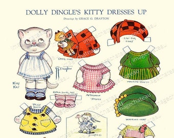 Dolly Dingle KITTY CAT White Kitten Paper Doll  Digital DOWNLOAD  Grace Drayton Party Clothes Hats Toy Cut Out Craft Image imagechateau