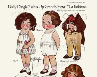 La Boheme DOLLY DINGLE Opera Paper Dolls DIGITAL Download Theater Stage Costumes Mimi Rudolpho by Grace Drayton from an April 1921 image