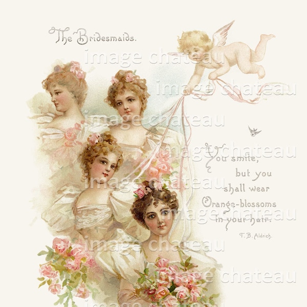 Pretty BRIDESMAIDS with Pink Roses DIGITAL DOWNLOAD Printable Edwardian Gowns at Wedding Tennyson Poem Frances Brundage by imagechateau