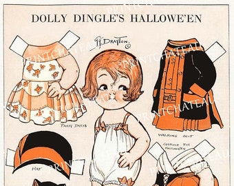 HALLOWEEN  Dolly Dingle Paper Doll DIGITAL DOWNLOAD  Black Cat Jack O'Lantern Holiday Craft Image Printable Cut Out Toy from imagechateau
