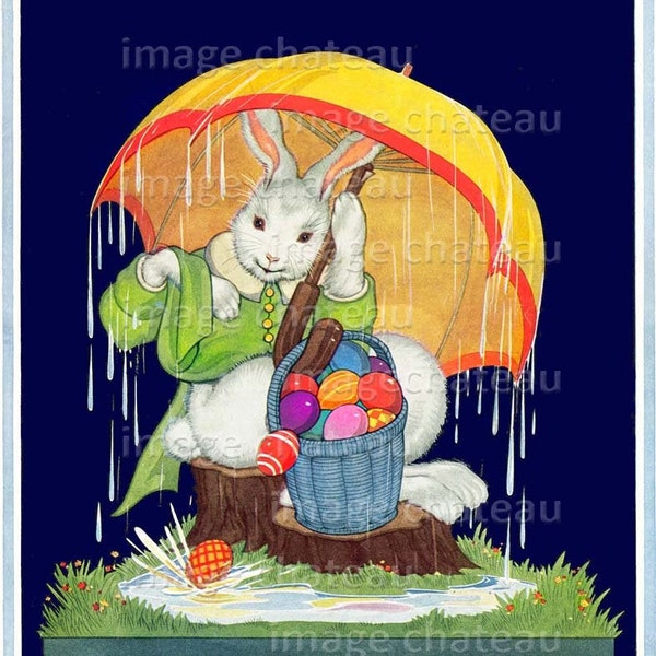Easter BUNNY RABBIT Digital DOWNLOAD in the Rain Decorated Eggs Umbrella Anthropomorphic Printable Craft Image from imagechateau