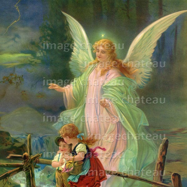 GUARDIAN ANGEL Looking Over Children Crossing Bridge DIGITAL Download Inspirational Heavenly Art for Card Making Crafts from imagechateau