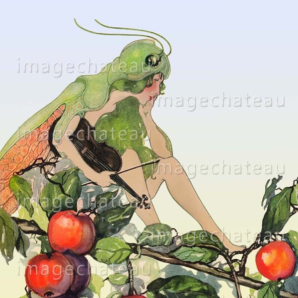 Grasshopper Lady with Violin DIGITAL Download Sitting in Apple Tree Childreen Fantasy Art Image  for Crafting or to Frame imagechateau