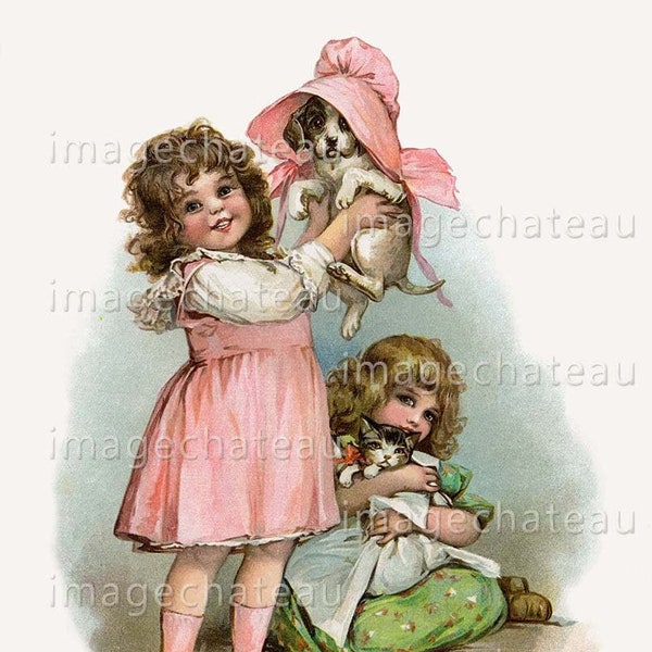 PUPPY Kitten DIGITAL Download Little Girls Playing Dress Up with Dog Cat by Frances Brundage Printable Craft Image or to Frame  imagechateau