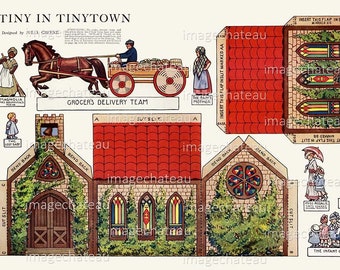 TINYTOWN Church 3 Dimensional Cut Outs DIGITAL DOWNLOAD 1915 Town Minister Grocery Horse Wagon Printable Craft Village to Build imagechateau