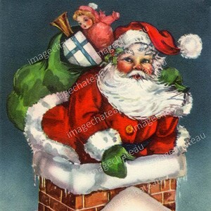 SANTA CLAUS Going Down Chimney DIGITAL Download Bag of Toys Snow Christmas Mid Century Craft Image Card Making  Scrapbooking more