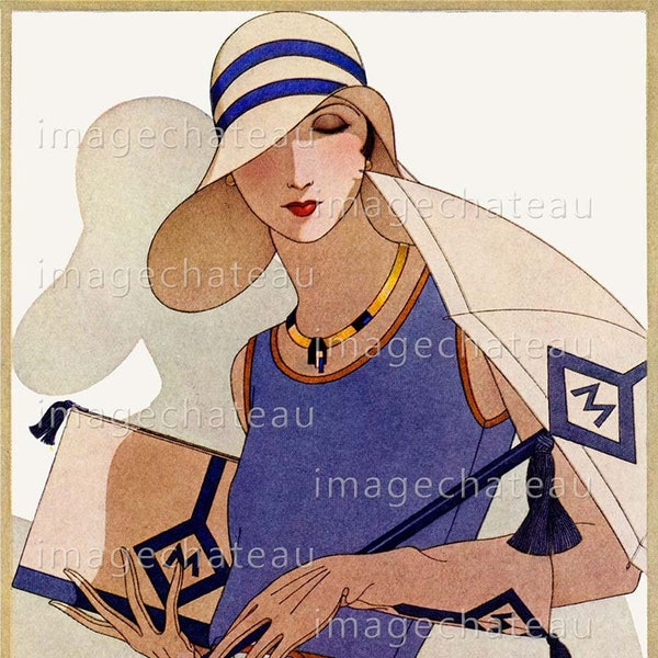 FASHION BEAUTY Stylish Woman DIGITAL Download Elegant Clothing of 1929 Blue Hat Purse Art Deco Era Jewelry Pretty Lady Printable Craft Image