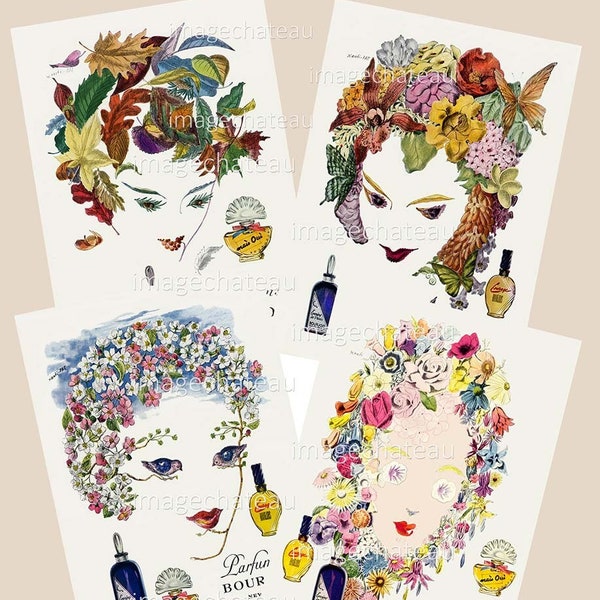 FANTASY French Perfume Ladies DIGITAL Download 4 Images Bourjois Mai Oui Ads Flower Leaf Hair Bird Eyes Butterfly Junk Journal Altered Art
