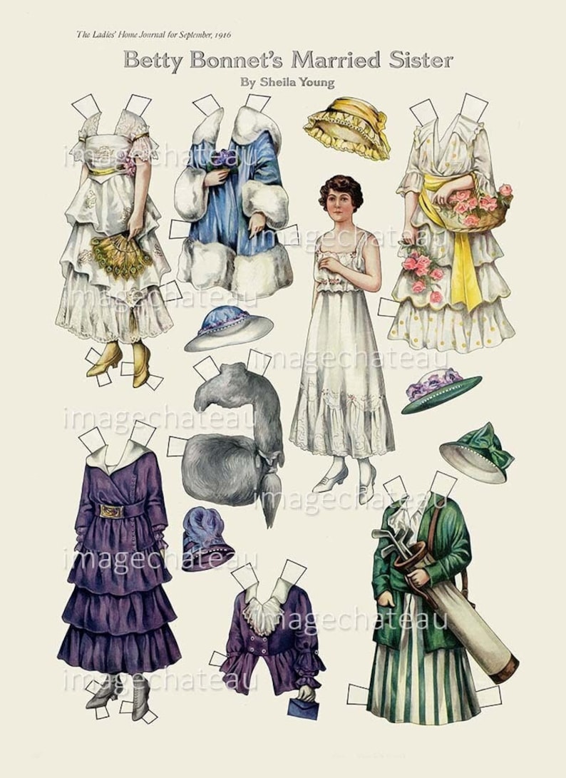 BETTY BONNET Paper Dolls DIGITAL Download Married Sister Fancy Dresses Golf Costume Hats Furs ...