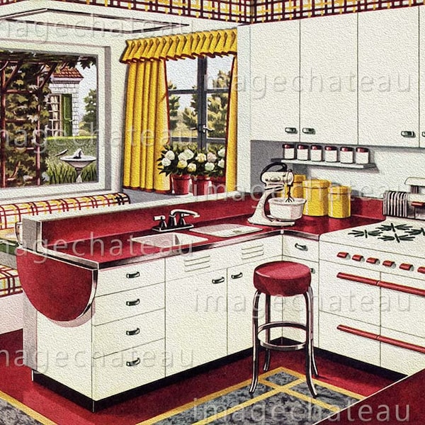 KÜCHE Mid Century DIGITAL Download Rot Gelb Weiß Frühstücksecke Big Windows American Home Printable Craft Image from Imagechateau