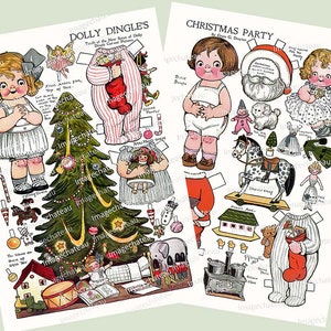 DOLLY DINGLE Weihnachten Papierpuppen DIGITAL Download 2 Seiten Teddybär Tannenbaum Spielzeug Grace Drayton vom Dezember 1916 Bild Download