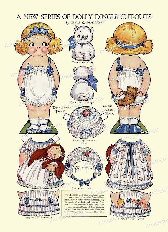 DOLLY DINGLE Paper Doll DIGITAL Download White Kitten Cat Grace Drayton Front Back Cut Outs Dolls Toys from May 1919 image