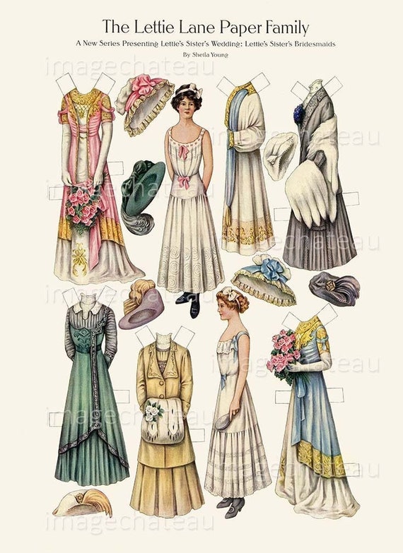 LETTIE LANE Bridesmaid Paper Dolls DIGITAL Download Pretty Young Woman Wedding Party Fashion Elegant Gown Bouquet Winter Dresses Edwardian