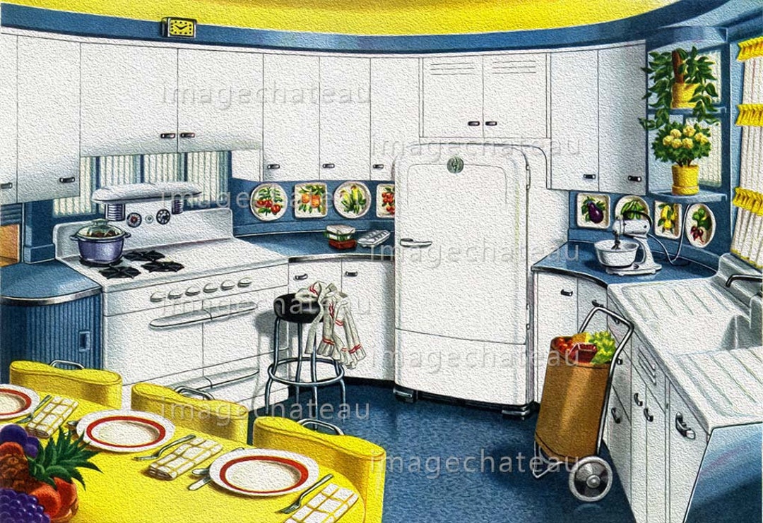 Vintage KITCHEN Mid Century DIGITAL Download Blue Yellow White ...