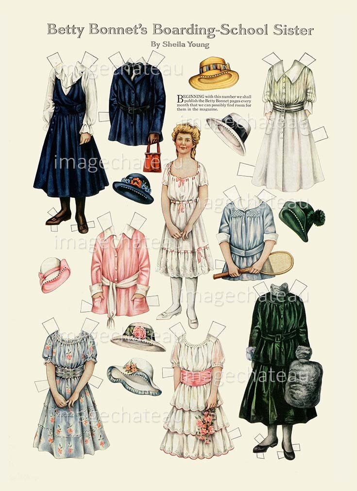 BETTY BONNET Paper Dolls DIGITAL Download Boarding School Sister Fancy Clothes Hats Dresses ...