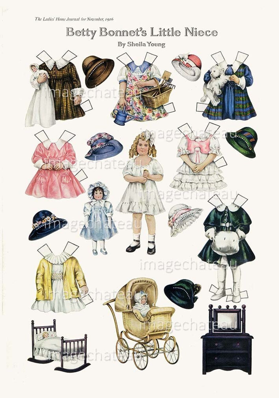 Niece BETTY BONNET Paper Dolls DIGITAL Download Little Girl Pet Dog Toy Cradle Carriage Fancy ...