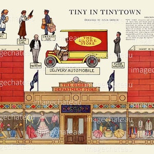 May include: Illustration of a vintage papercraft scene titled "Tiny in Tinytown." It features a department store with shop windows, figures, a delivery truck, and the text "The Globe Store." The color palette includes red, yellow, and brown.