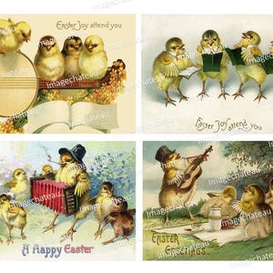 Può includere: Quattro cartoline vintage di Pasqua con pulcini e coniglietti. La prima cartolina mostra un gruppo di pulcini che cantano con il testo "Easter Joy attend you". La seconda cartolina mostra un pulcino che suona il banjo con il testo "Easter Joy attend you". La terza cartolina mostra un pulcino che suona l'organetto con il testo "A Happy Easter". La quarta cartolina mostra un pulcino che suona la chitarra con il testo "Easter Greetings".