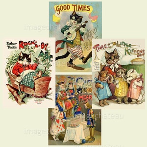 CATS Edwardian 4 Covers DIGITAL DOWNLOAD 3 Little Kittens Playing Banjo Queen of Hearts Cradle Printable Craft Junk Journal Scrapbooking