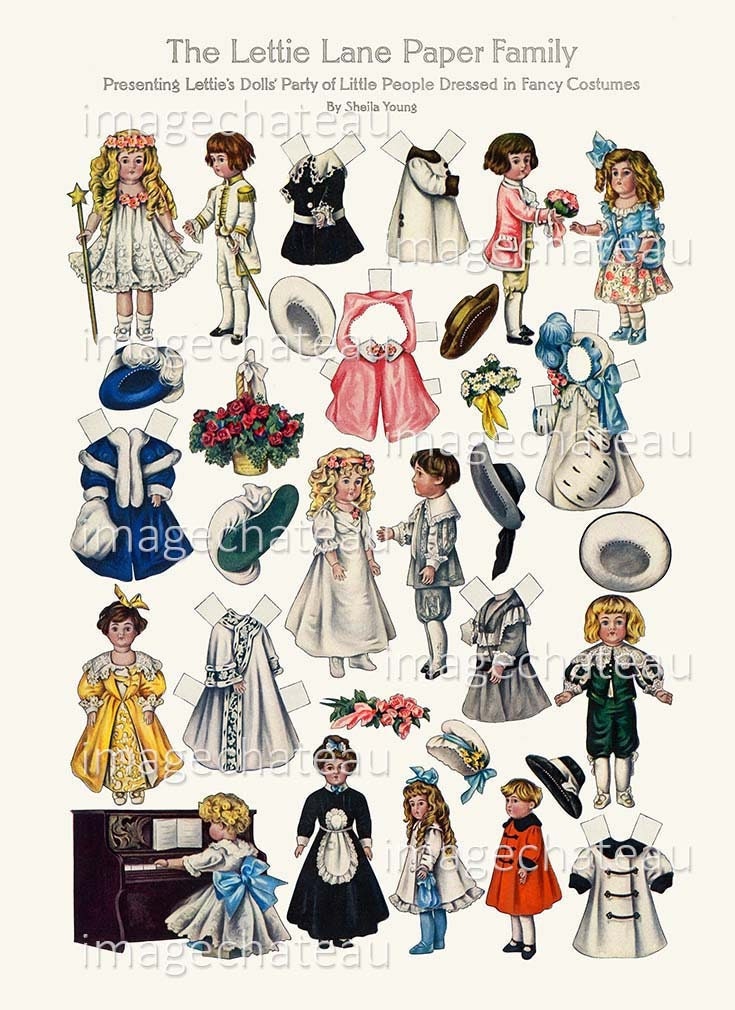 LETTIE LANE Doll Party Cut Outs DIGITAL Download Paper Dolls Little Boy Girls Winter Fashion Clothing Fancy Dress Costumes Hat Playing Piano