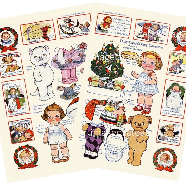 Christmas DOLLY DINGLE  Paper Dolls DIGITAL Download 2 pages 1922 Children Dog Cat Costumes Xmas Tree Mouse Printable Holiday Craft Boy Girl