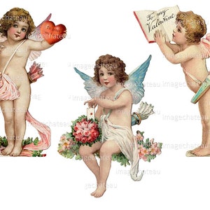CUPIDS Valentine DIGITAL Download 3 Cherubs Hearts Blue Wings Book Bow Arrow Quiver Frances Brundage Pink Wings Bow Arrow from imagechateau