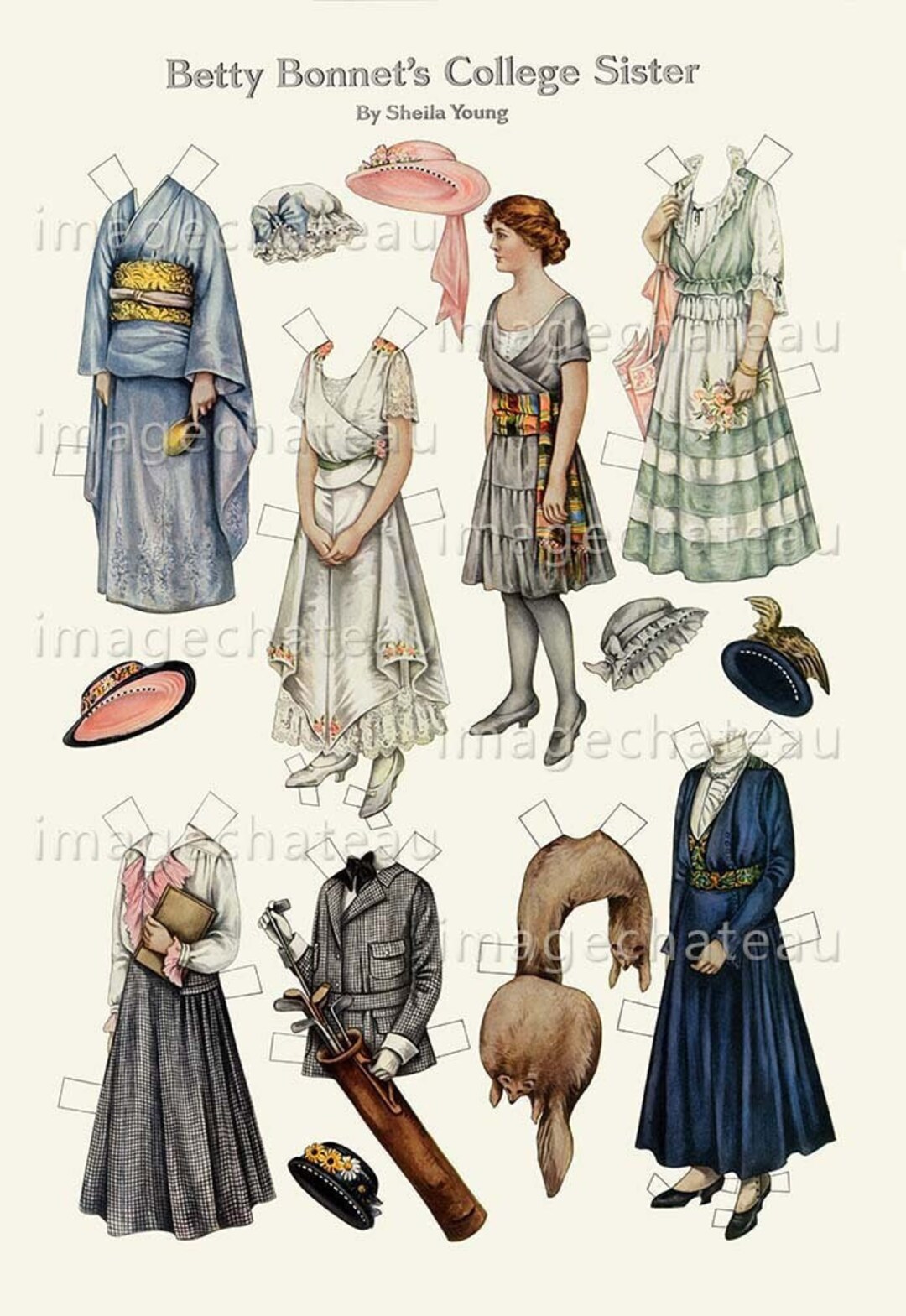 BETTY BONNET Paper Dolls DIGITAL Download Big Sister College Girl Fashions Golf Kimono School ...