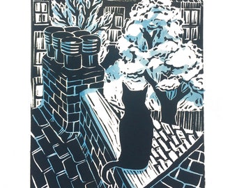 Lockdown Cat Lino Cut Print: Black Cat on Rooftop, Hand-Painted Detail - FRAMED