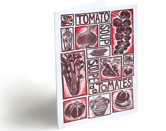 Roasted Tomato Soup Illustrated Recipe Greetings Card with cooking instructions on the back