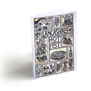 Cartão de felicitações com receita ilustrada de Lancashire Hot Pot com instruções de cozimento no verso