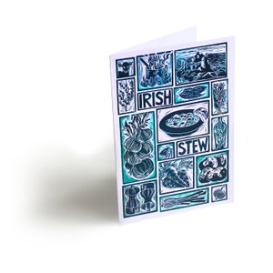 Cartão de saudações de receita ilustrada do Irish Stew com instruções de cozimento no verso