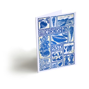 Cartão de felicitações com receita ilustrada da Cornualha com instruções de cozimento no verso