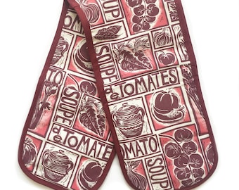 Roasted Tomato Soup Illustrated Recipe Organic Cotton Double Oven Glove, comes with cooking instructions.