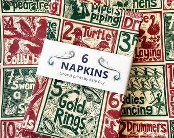 12 Days of Christmas linocut print organic cotton napkins