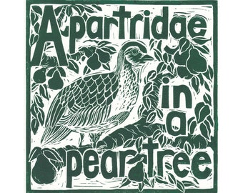 Linocut Christmas Card: Twelve Days Song, Traditional Greetings cards