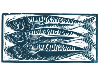 Mackeral: food theme lino cut prints, available in black and white, or hand painted with water colour
