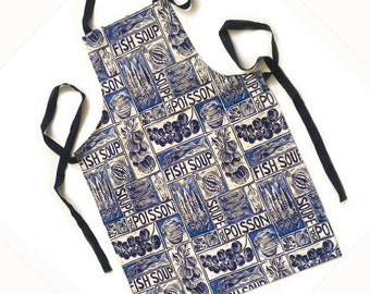 Fish Soup Recipe Apron: Organic Cotton Lino Cut Print