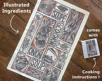 French Onion Soup Tea Towel: Organic Cotton Illustrated Recipe