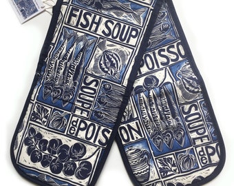 Fish Soup Illustrated Recipe Organic Cotton Double Oven Glove, comes with cooking instructions.