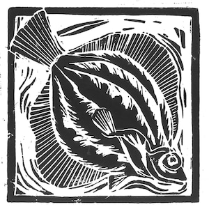 魚のリノカットプリント：食べ物をテーマにしたアート、白黒または水彩画