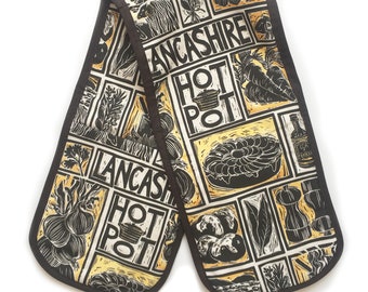 Lancashire Hot Pot Illustrated Recipe Organic Cotton Double Oven Glove, comes with cooking instructions.