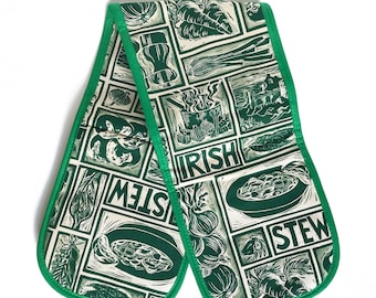 Irish Stew Illustrated Recipe Organic Cotton Double Oven Glove, comes with cooking instructions.