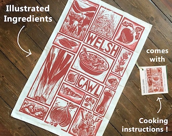 Welsh Cawl Recipe Tea Towel: Organic Cotton Illustrated Print