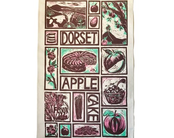 Dorset Apple Cake Recipe Tea Towel: Organic Cotton Lino Cut Print