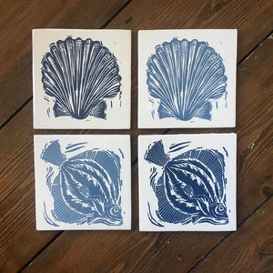 Handmade Ceramic Tile: Lino Cut Plaice and Scallop Shell Design