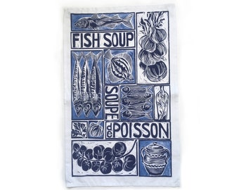 Illustrated French Fish Soup Recipe Tea Towel: Organic Cotton Linen