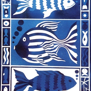 May include: Three stylized blue and white fish with striped patterns are depicted on a blue background. The fish are arranged in a vertical row, with the top fish facing right, the middle fish facing left, and the bottom fish facing right. The background is decorated with a border of blue and white waves, stars, and other geometric shapes.