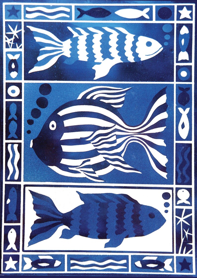 May include: Three stylized blue and white fish with striped patterns are depicted on a blue background. The fish are arranged in a vertical row, with the top fish facing right, the middle fish facing left, and the bottom fish facing right. The background is decorated with a border of blue and white waves, stars, and other geometric shapes.