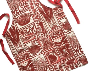 Welsh Cawl Recipe Apron: Illustrated Lino Cut Organic Cotton Apron